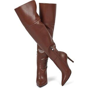 Women Brown Faux Leather Ponited Toe Zipper up Thigh High Stiletto Heel Boot